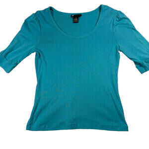 Carole Little Teal Pima Cotton Top Womens Medium Scoop Neck Elbow Sleeve Tee